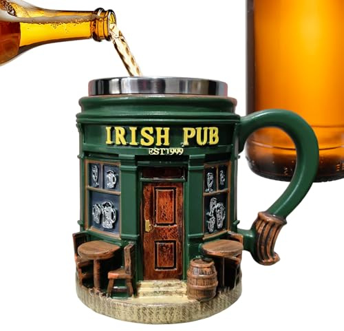 Teupyon Irish Coffee Mugs | 300ml Novelty Resin 3D Vintage Desk Decor - Fun Irish Pub Travel Water Mug,for Tea Milk Beer Drink Beverage Home Office Travel Bar St Patrick's Day Christmas