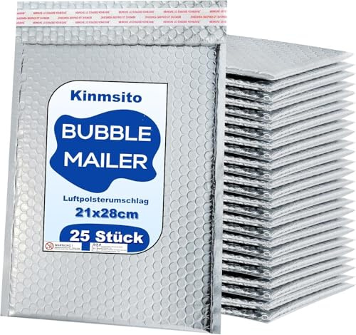 Kinmsito 25 sobres acolchados de burbujas, 21 x 28 cm, autoadhesivos, de polietileno, resistentes al agua, plateados, metálicos, para embalaje