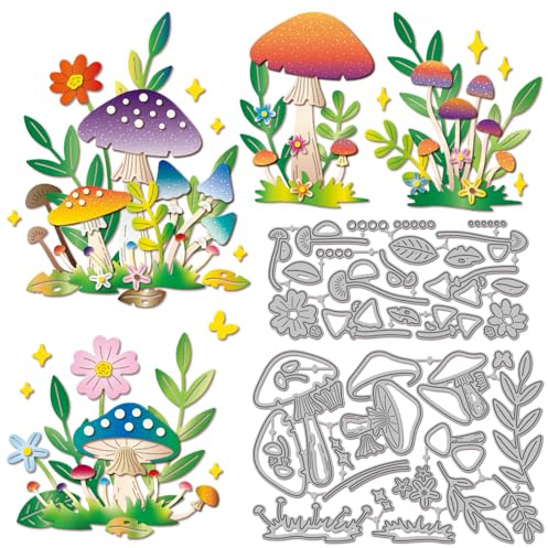 GLOBLELAND Pilz Metall Stanzschablone Blumen Und Blätter Papierpräge Stanzschablonen Set Waldpilz Stanzformen für Kartenherstellung DIY Papier Scrapbooking Handgefertigtes Fotoalbum