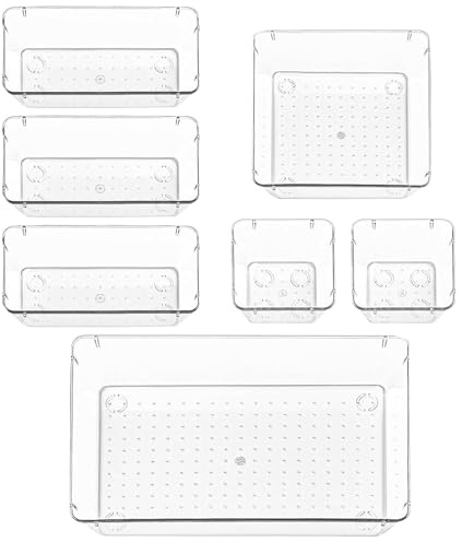 YueXing Drawer Organiser Set, Clear Makeup Trays Plastic, Desk Drawer Dividers Dresser Storage Bins Separation Box for Bathroom, Office, Cosmetic, Jewelries and Gadgets, Bedroom (7pcs)