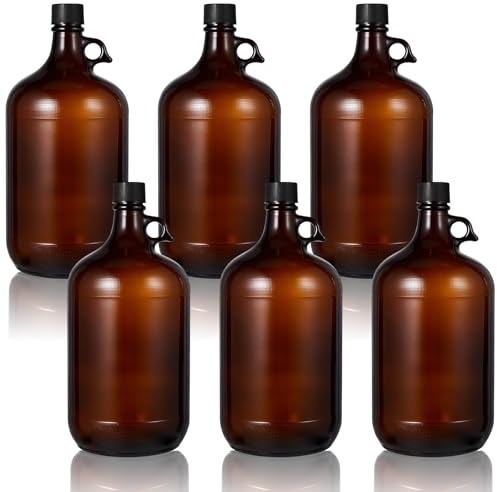 Maxdot 6 Pack 1 Gallon Glass Fermentation Jug with Airtight Lid, 128 oz Amber Glass Carboy with Handle for Kombucha, Beer Brewing, Wine Making, UV Protection
