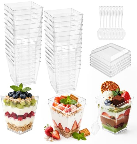 50 stycken återanvändbara dessertkoppar med 50 återanvändbara skedar, 160 ml dessertkoppar med lock, dessertkoppar av plast, för glass, pudding, mousse
