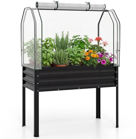 COSTWAY Orto Rialzato da Esterno con Serra, Fioriera Rialzata con Copertura in PE, Porta Avvolgibile con Cerniera e Guanti, Aiuola Rialzata per Verdure, Fiori e Frutta, 112 x 55 x 152 cm (Nero)