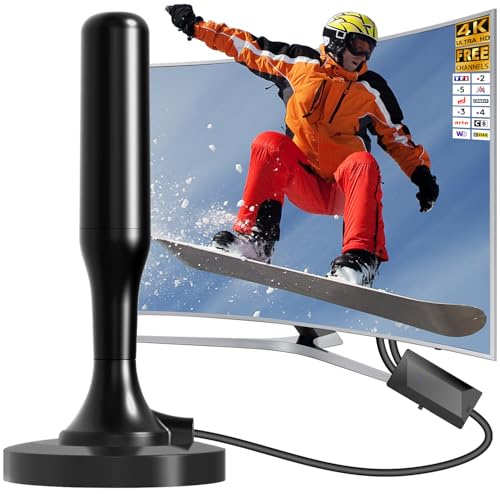 Antenne TV Intérieur Puissante, 2026 Antenne TV Intérieur avec Amplificateur de Signal Intelligent, Antenne Interieur TNT Puissante Réception 360° Portée 600km, 4K HD/1080P Les Chaînes Gratuites, Noir