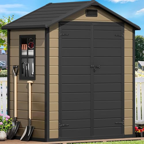 YITAHOME Gartenhaus Kunststoff 182x103x220cm,Garten Schuppen,Braun | Gartenschuppen mit Pultdach |Abschliessbar|UV-bestaendig|Boden inklusive|Fahrradgarage|Rasenmäher Unterstellplatz Aufbewahrug