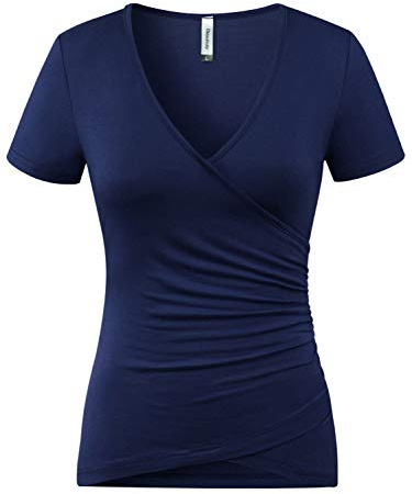 Beauhuty Women's Top Deep V Neck Slim Fitted T-Shirt Front Wrap Ruched Short Sleeve Tee, Short-Blue, M-L