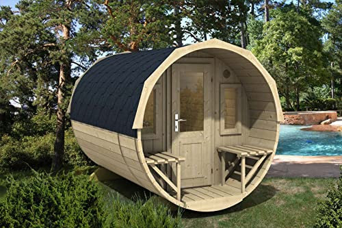 FinnTherm Fass-Sauna Sam, Aussensauna Fichte unbehandelt, Natur, ohne Ofen 2,80 x 2,19 m