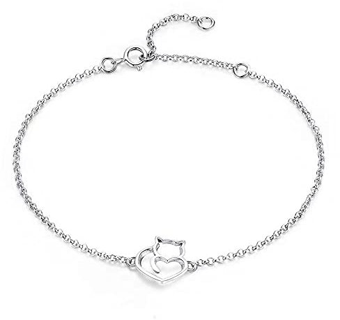 Belons Damen Charm Armband 925 Sterling Silber Katze Kätzchen Armkette Mädchen Armkettchen Fußkettchen (Silber)