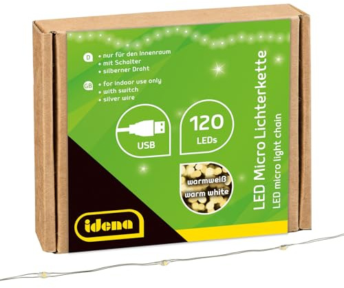 Idena 31483 - LED Micro Lichterkette mit 120 LEDs in Warmweiß, mit USB Stecker und Schalter, ca. 13,5 m lang, Deko für Innen, zum Basteln, als Party Deko, Weihnachtsdeko, zur Hochzeit