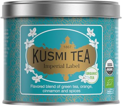 Kusmi Tea - Label Imperial - Smaksatt blandning av ekologiskt grönt te, apelsin, kanel och kryddor - Smaksatt grönt te - Teburk i metall 100g - Passar till ca 50 koppar