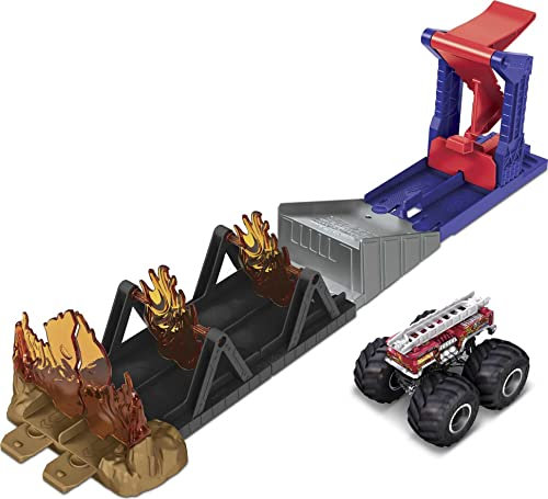 Hot Wheels GYL12 - Monster Trucks Feuriger Angriff Helden-Spielset im Maßstab 1:64, Die-Cast 5 Alarm Fahrzeug und Starter,Spielzeug Geschenk für Kinder ab 3 Jahren