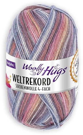 Woolly Hugs Weltrekord Sockenwolle 100g | 75% Schurwolle & 25% Polyamid | 420 m Lauflänge | Strapazierfähiges Sockengarn | Teil des Weltrekord-Strickprojekts (03 | bordeaux/jeans)