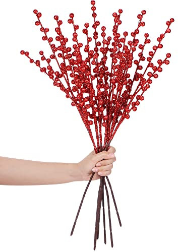 WILLBOND Künstliche rote Beeren Stiele 21,6 Zoll Weihnachten Rote Beeren Stechpalme Beeren Zweige für Weihnachtsbaum Neujahr Dekor DIY Handwerk (Glitzer-Stil, 8 Stück)