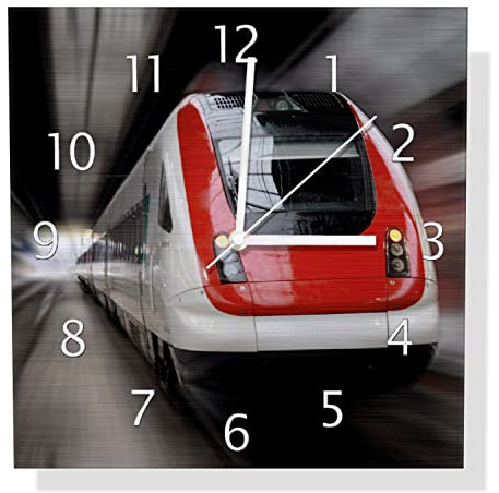 Wallario Design Wanduhr Fahrender Zug von vorn in rot- Perspektive von vorn aus Aluverbund, Alu-Uhr Größe 30 x 30 cm, weiße Zeiger mit Metalloptik
