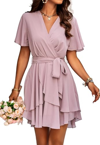 Jiraewh Damen Elegant Kurz Kleid V-Ausschnitt Kurzarm Chiffon Sommerkleid Einfarbig Cocktailkleid Rockabilly Hochzeit Falten Minikleid （5086-PK,XL）