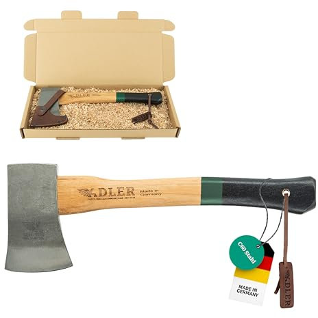 Adler Yankeebeil inkl. Lederschutz: Geschmiedetes Holzbeil aus C60-Stahl, Allrounder-Holzaxt mit 38 cm Hickory-Stiel, Anti-Rutsch Outdoor-Beil, Survival Axt für Camping & Wandern, Grün/schwarz, 650 g