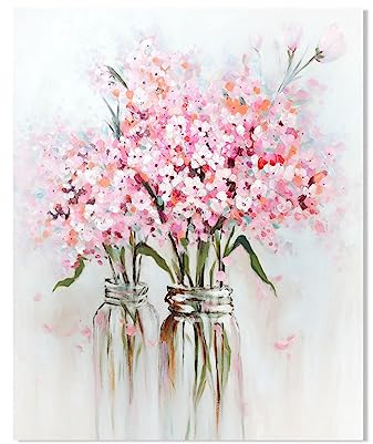 YPY Abstract Bouquet Canvas Wall Art: Pink Flower in Vase Artwork Hand Painted Oil Painting for Teen Girl Bedroom Floral Picture Poster for Living Room Decor 24 x 30