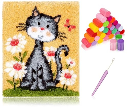 kingsea Latch Hook Kit for Adults, DIY Crochet Yarn Rug with Pattern Printed Latch Hook Rug Kit for Teen, Latch Hook Kit for Beginners - Cat and Flower, 20in x 15in