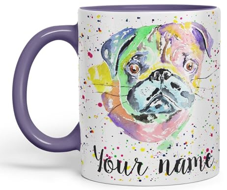 Vixar Personalised with Your Text Pug Chinese Dog Pet Art Coloured Ceramic Mug Cup Gift 330ml 11oz Custom Work Office Tea Coffee (Purple)