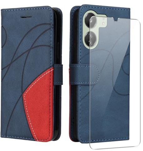 Funda para Xiaomi Redmi 13C 4G / Xiaomi Poco C65, (Azul y Rojo) PU Cuero Función de Soporte Billetera Flip Protectora Carcasa con UNO Cristal Templado Protector de Pantalla