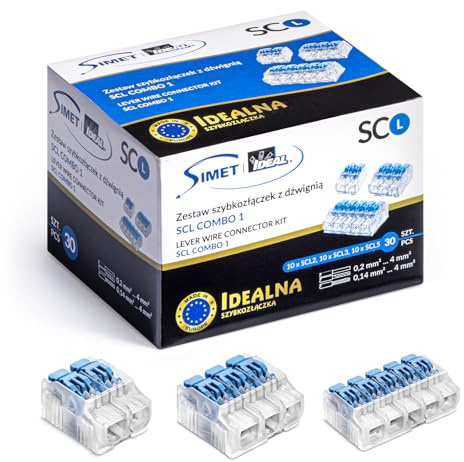 SIMET 30 Stück Satz Verbindungs-Klemmen mit Hebel SCL (2, 3, 5 - Leiter - Packung mit 10 Stück), Farbe transparent/blau, Schnellkupplungsöffnung, zum Anschluss von elektrischen Leitern