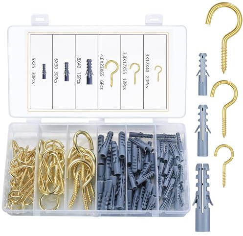 SYBDXJ 113 Stück Schraubhaken zum Schrauben, Deckenhaken mit Gewinde, Einschraubhaken, Hakenschrauben, Robuste Becherhaken für Home Garten hängende Pflanzen Schlüssel, (38 Haken, 75 Anker) - Gold