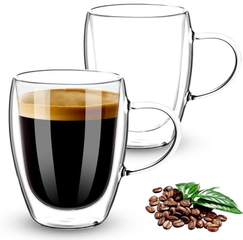 Esilihom 2 Pack Double Walled Coffee Glasses Mugs, 350ml/12oz Cappuccino Latte Macchiato Glasses Cups with Handle, Heat Resistant Borosilicate Glasses Cup for Coffee Tea Milk Juice Ice Cream