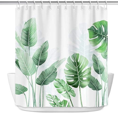 RISVOWO 180x200 cm Duschvorhang Badewanne, Anti Schimmel Shower Curtains, Badvorhang aus Strelitzia Polyester, Waschbar Duschvorhänge Pflanzen mit 12 Duschvorhanghaken