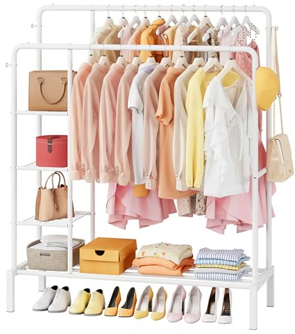JOISCOPE Perchero de Metal, 165x120x52cm, 2 Varillas y 4 Ganchos para Colgar, Ropa de Gran Capacidad, Con 3 Estantes Laterales y 1 Estante Inferior, Burro Ropa, Blanco