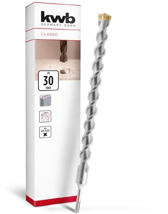 kwb SDS Plus Bohrer, SDS Plus Hammerbohrer (Ø 30 mm x 460/400 mm, mit extrem schneller Hartmetall 4X-Schneide, für armierten Beton, Stein & Mauerwerk)