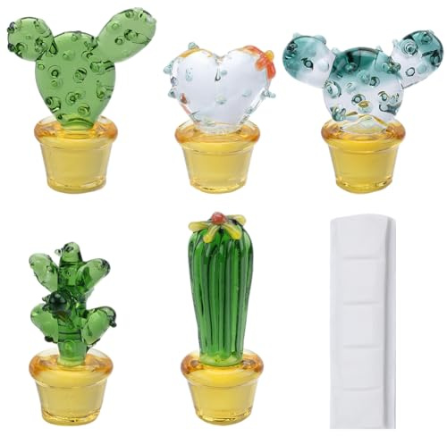 GORGECRAFT 5pz Mini Figurine di Cactus In Vetro Fatte A Mano In Cristallo Soffiato In Miniatura Collezione di Cactus D'Arte Simulazione Fiore Pianta Ornamenti per Casa Ufficio Scrivania Da Tavolo