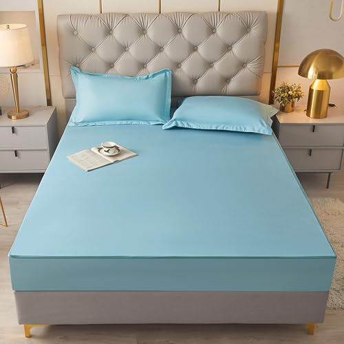 Coprimaterasso impermeabile con cerniera, 180 x 220 + 10 cm, colore azzurro, per letto matrimoniale, completamente chiuso per la massima protezione