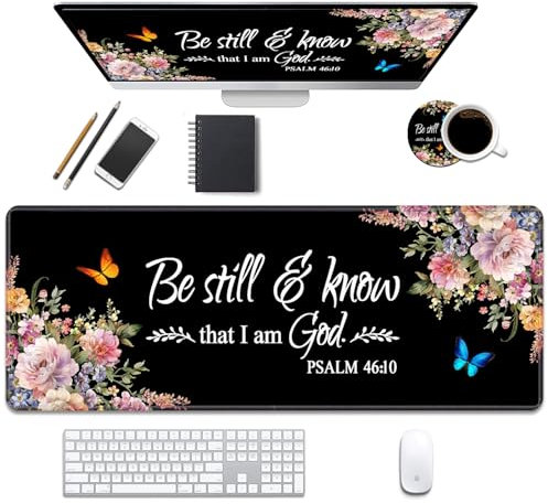 Schreibtischunterlage, Gaming-Mauspads mit Untersetzern, genähte Kanten, Design, XL, großes Mauspad für Laptop, Computer, Blumenzitat, Bibelvers Psalm 46:10, Schreibtischunterlage für Büro und