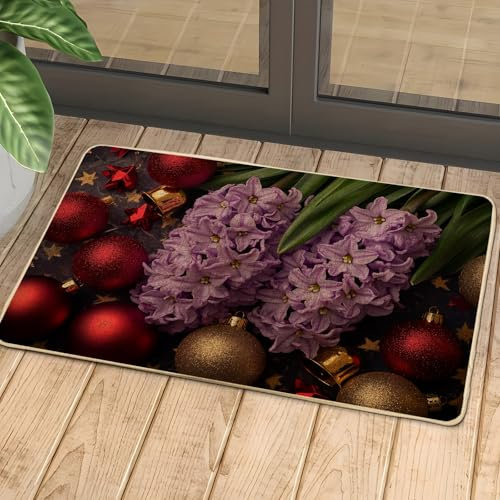 Paillasson floral festif, jacinthes violettes pour Noël et décoration saisonnière, caoutchouc imperméable, antidérapant, absorbant la poussière, entrée extérieure et intérieure, facile à nettoyer