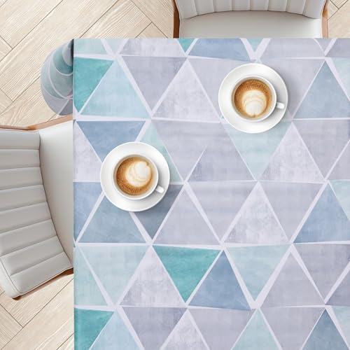 KP HOME Schimmernde PVC Tischdecke in Grau Blau – Abwischbare Quadratische Wachstischdecke 140 x 140 cm – wasserdichte Vinyl-Tischdecke für drinnen und draußen – Robustes Wachstuch mit Dreieck-Muster