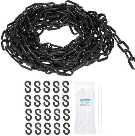 sourcing map Plastic Chain 100 FT/30.5 M, Safety Chain Black Plastic Chain Link Barrier with Zip Ties and S-Hooks for Crowd Control Queue Line Fence Decoration
