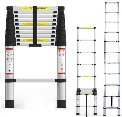 Teleskopleiter, 3,2 m, Aluminium, leicht, zusammenklappbar, mit Verriegelungsmechanismus und rutschfesten Füßen, Mehrzweck-Klappleiter, 150 kg Kapazität
