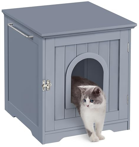 Yaheetech Cat Litter Box Enclosure, Indoor Wooden Cat House for Bathroom, Bedroom & Living Room, White Cat Washroom Litter Cabinet with Holes, Door Latch & Side Bar