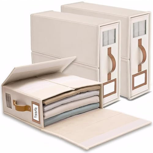Lino Caja Organizador Sabanas Armario, 3 Organizador de Ropa de Cama Plegable con ventana y asas para guardar debajo de la cama, en el armario para organizar sábanas, ropa y mantas, Beige