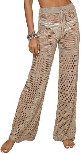 FEOYA Bikini för kvinnor, byxor, transparent, mesh, strandbyxor, virkade, stickade långa byxor, hög midja, elastisk strandbotten, Beige, S
