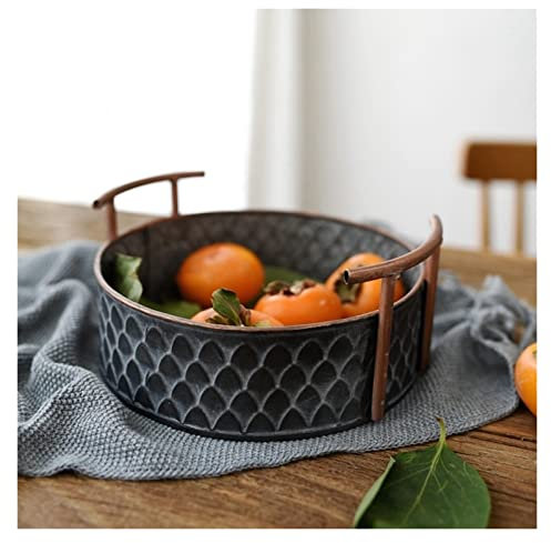 Fruteros Antiguos Retro Redondos de Hierro con asa, Bandeja de Metal Vintage para Pan y Frutas, decoración del hogar, Mesa para fotografiar Cuencos de Frutas y Verduras.