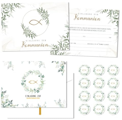 XLZJYIJ 12 x Einladungskarten zur Kommunion, Einladung Kommunion mit Umschlagen Aufkleber, Einladungskarten Konfirmation, Eucalyptus Fisch Einladungen für Jungen und Mädchen Sakrament Dekoration