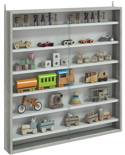 HOMCOM 7-Tier Wall Mounted Display Cabinet, Display Case with 6 Adjustable Shelves, Glass Doors for Home Office Ornaments 80x83cm, Graphite Wood Effect