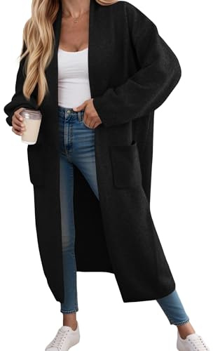 Fisoew - Cardigan da donna a maniche lunghe, cardigan oversize, cappotto lavorato a maglia con apertura frontale, maglione con tasche., Nero , L