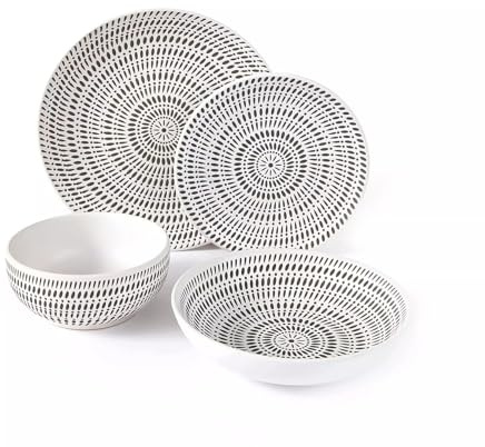16pc Waterside White & Black Dash Stoneware Dinner Set; 4 Dinner Plates, 4 Side Plates, 4 Soup Bowls & 4 Deep Bowls - Dishwasher & Microwave Safe