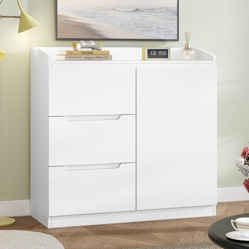 Hzuaneri Kommode, Kommode mit 3 Schubladen und 1 Tür, Seitenschrank mit Arbeitsfläche, Schubladenschrank, Moderner Stil, Geeignet für Wohnzimmer und Schlafzimmer, 87H x 80B x 40T cm, Weiß DC12303X