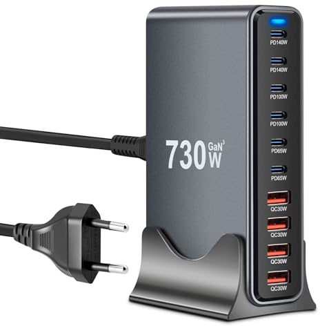 730W USB C Ladegerät Mehrfach mit 10 Ports, GaN III USB Schnellladegerät Mehrfach mit 6X USB-C & 4X USB-A, PD140W, 100W, 65W, 30W Power Ladestation USBC für MacBook Pro/Air, iPhone, iPad, Galaxy mehr