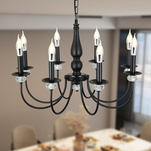 Kronleuchter Schwarz, 8 Flammig Rustikale Kronleuchter Vintage Pendelleuchte Wohnzimmer, Antik Deckenlampe Schlafzimmer Hängend mit E14 Fassung, Einstellbare Höhe Klassischer Lüster für Esstisch Flur