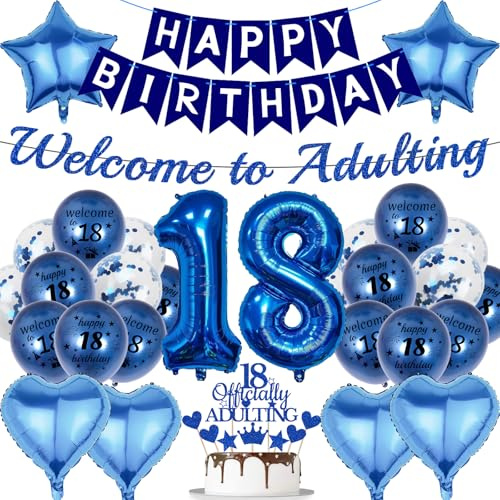 Deko 18. Geburtstag Junge Banner - 31 Stück Blau Happy Birthday Banner Mit Girlande Luftballons Tortendeko Ballon Zum 18. Jahre Banner FüR Jungen MäDchen Party Geburtstagsdeko Dekoration