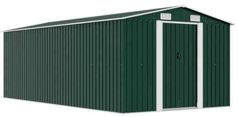 Mokuyary Tool Shed 257 x 489 x 181 cm Metal Green Garden Shed with Pent Roof, Tool Shed with Sliding Door, Shed for Outdoor Garden